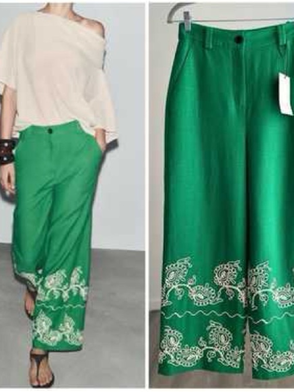 NWT! Zara Emerald Green Embroidered
Wide Leg Linen Blend Trousers Pants - Size S